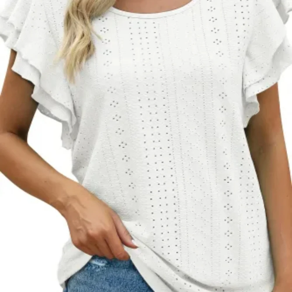NEW! White Eyelet Textured Ruffle Short Sleeve Blouse - Picture 2 of 12